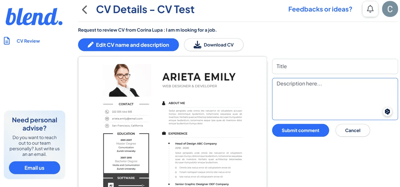 Mockup of CV Dashboard from Blend Careers